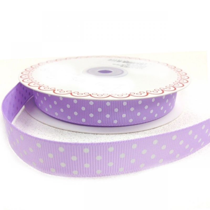 25 meter Lilac/White polka dot 16mm grosgrain