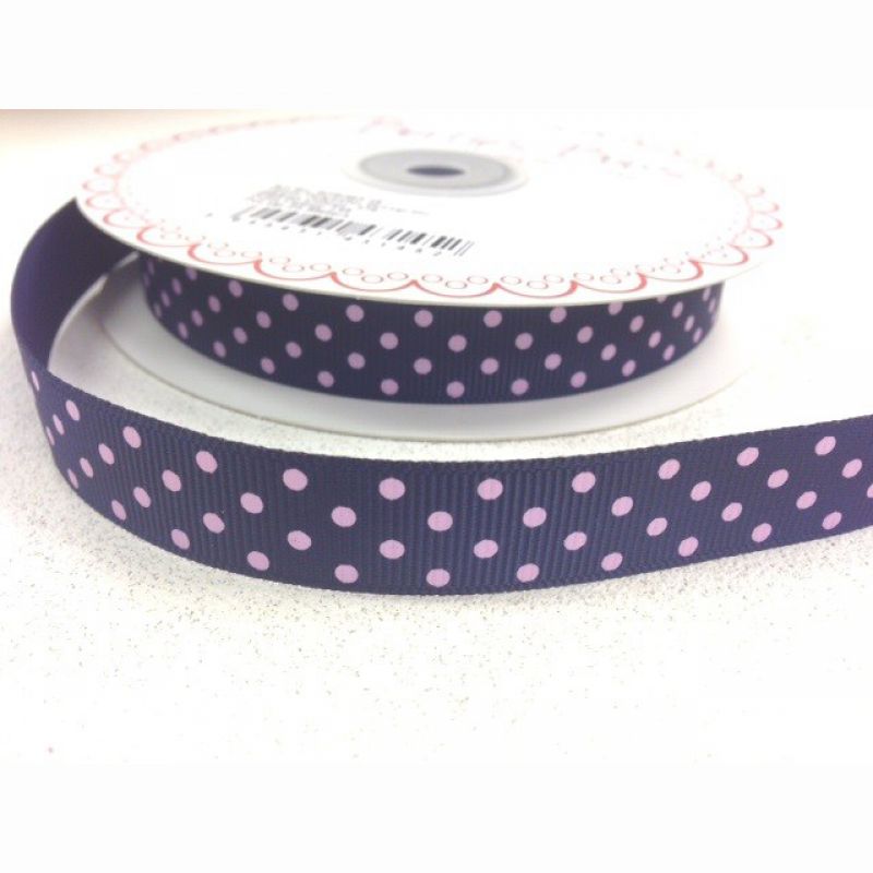 25 meter Navy/Pink polka dot 16mm grosgrain