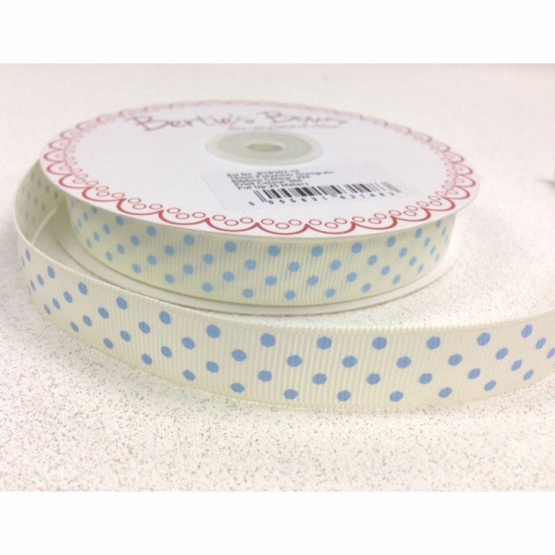 25 meter Ivory/Lt Blue polka dot 16mm grosgrain