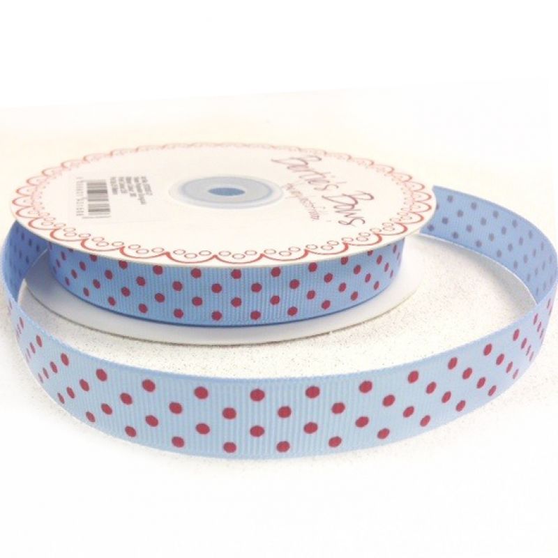 25 meter Blue/Red polka dot 16mm grosgrain