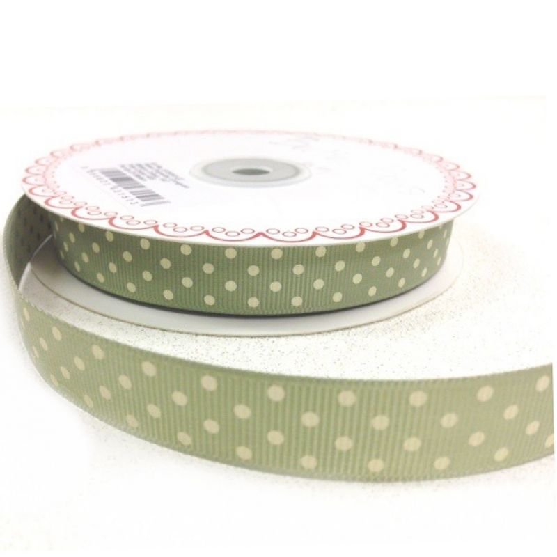 25 meter Soft Sage/Ivory polka dot16mm  grosgrain