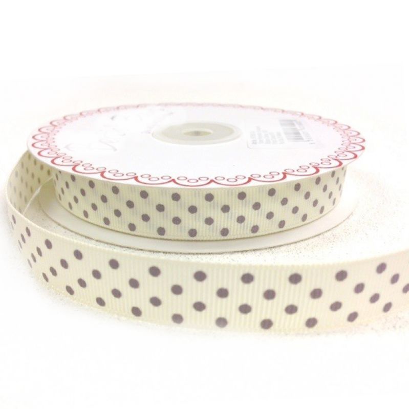 25 meter Ivory/Grey polka dot 16mm grosgrain