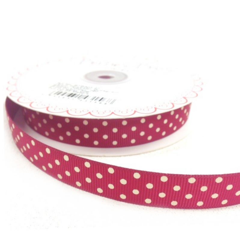 25 meter Cranberry/Ivory polka dot 16mm grosgrain