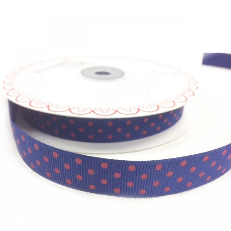 25 meter Navy/Red polka dot 16mm grosgrain