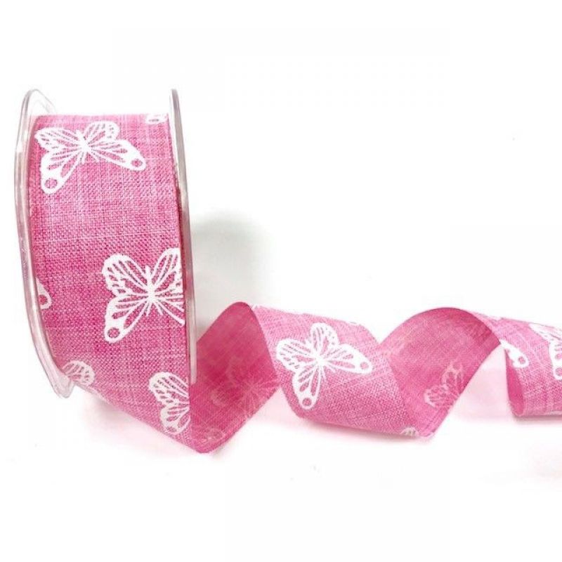 Pink 38mm faux linen butterfly print ribbon x 20mtr