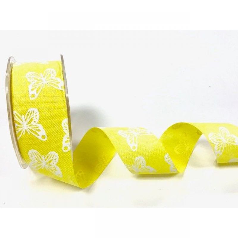 Lemon 38mm faux linen butterfly print ribbon x 20mtr