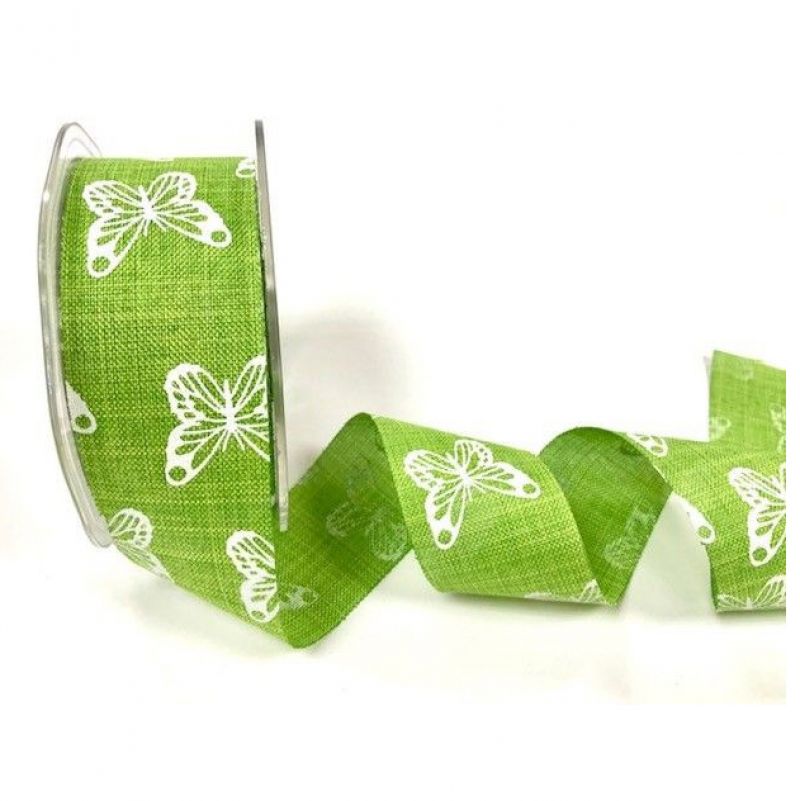 Lime 38mm faux linen butterfly print ribbon x 20mtr