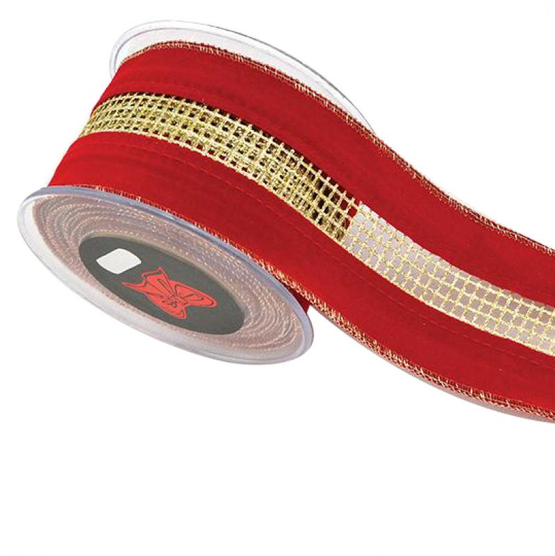 Κορδέλα 4,5μ. VELVET GLITTER NET 6,7εκ. - Κόκκινη-Χρυσή