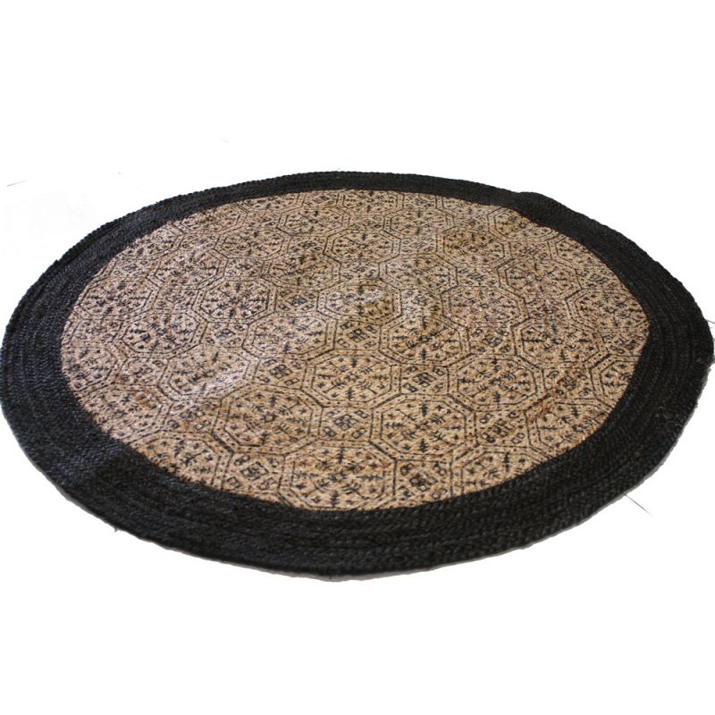 Ψάθινο στρογγυλό χαλί 120 εκ. Μαύρο Μπεζ