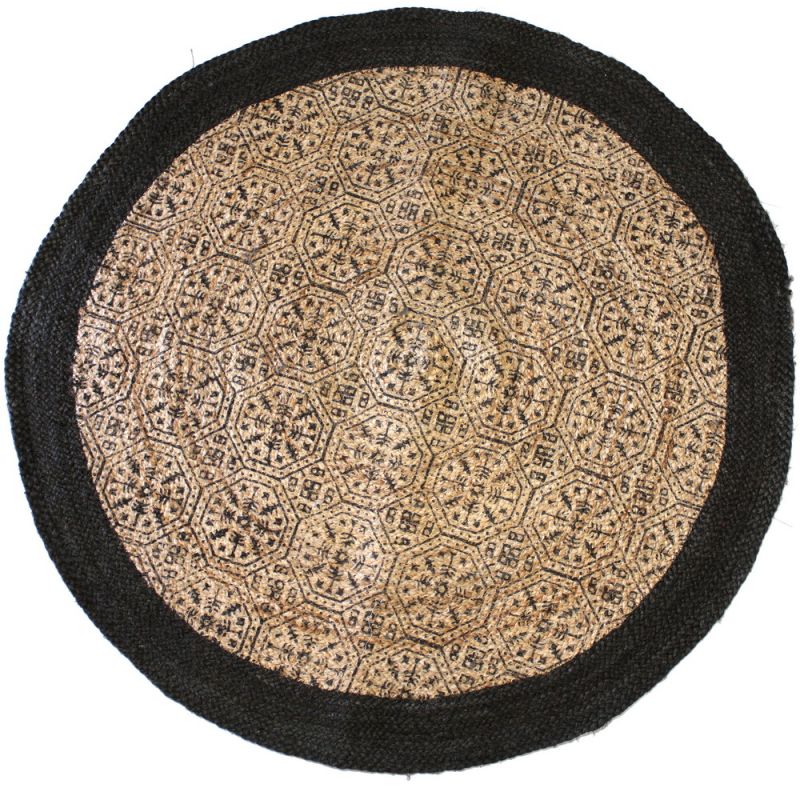 Ψάθινο στρογγυλό χαλί 120 εκ. Μαύρο Μπεζ