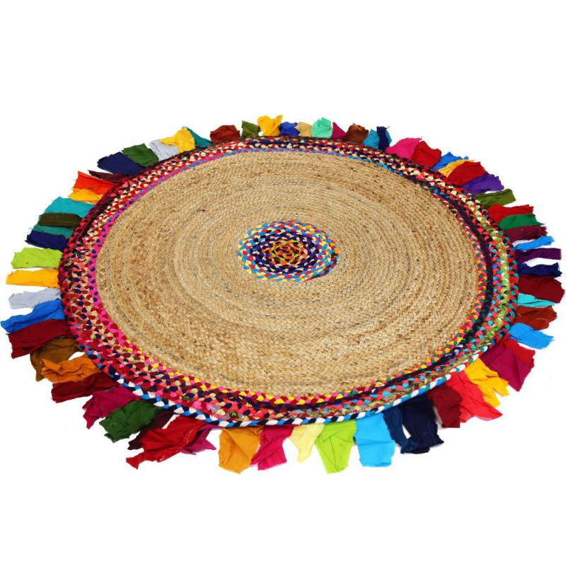 Keshar Jute/recycled cotton multi braided rug with frill 120x120cm