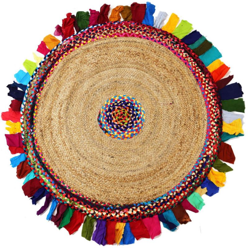 Keshar Jute/recycled cotton multi braided rug with frill 120x120cm