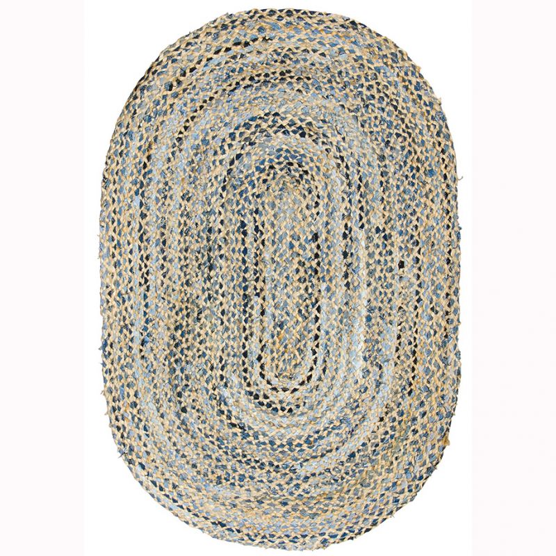 Denim and jute braided oval rug, 90x135cm