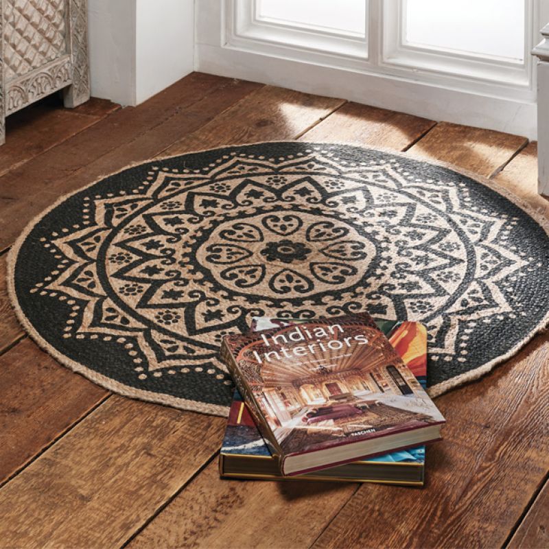 Jute rug with mandala print round rug, 90cm