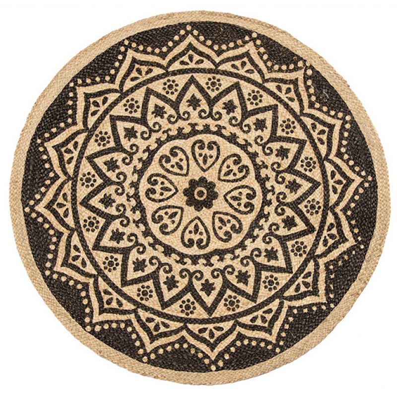 Jute rug with mandala print round rug, 90cm
