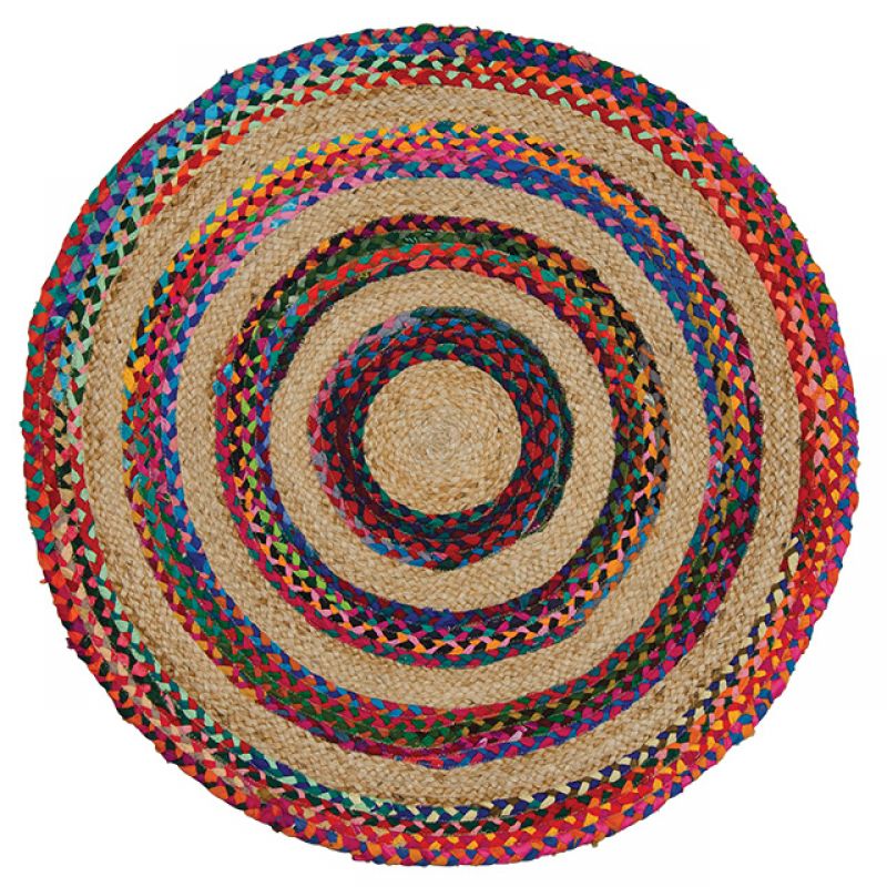 Ambala jute & multi chindi braided round rug, 90cm
