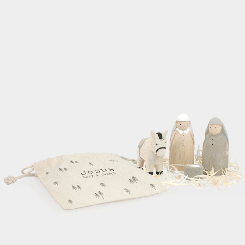 Wooden Nativity figures in cotton  bag