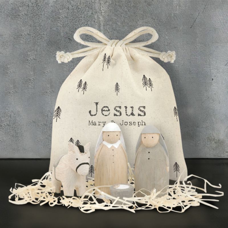 Wooden Nativity figures in cotton  bag