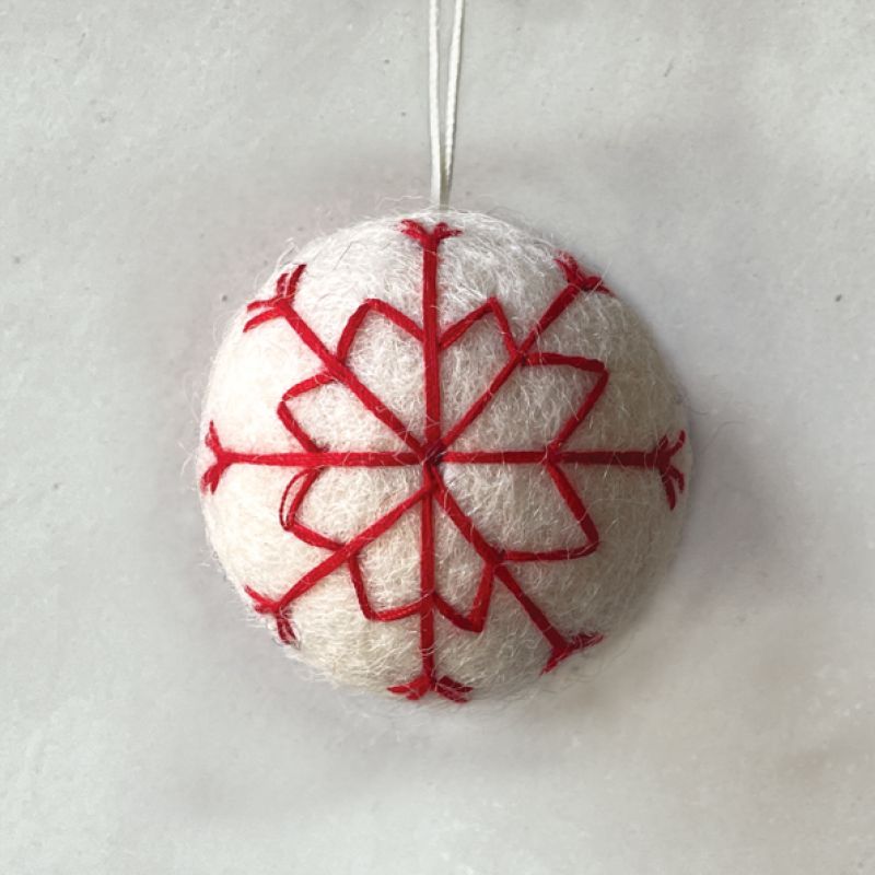 Felt bauble white-Red thread embroidery