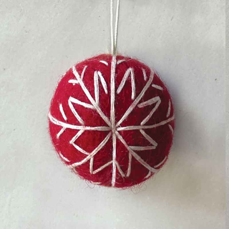 Felt bauble red-White thread embroidery