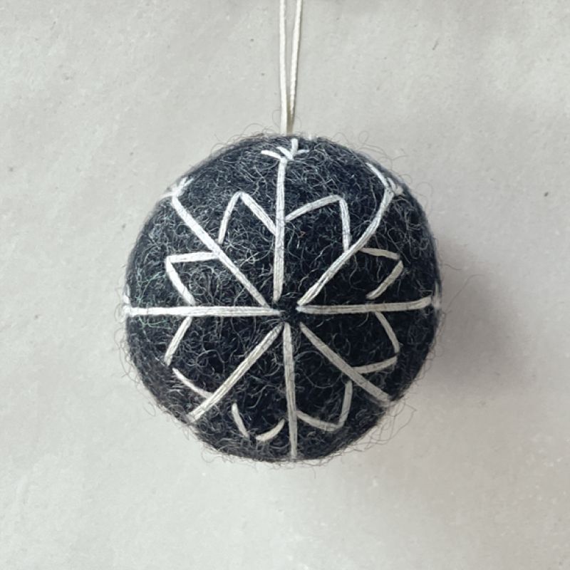 Felt bauble charcoal-White thread embroidery