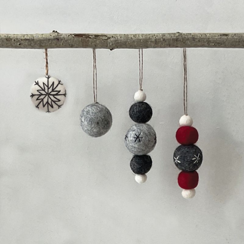 Felt droplet bauble-Charcoal,red & white