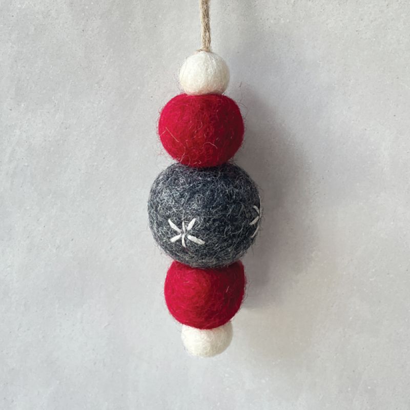 Felt droplet bauble-Charcoal,red & white