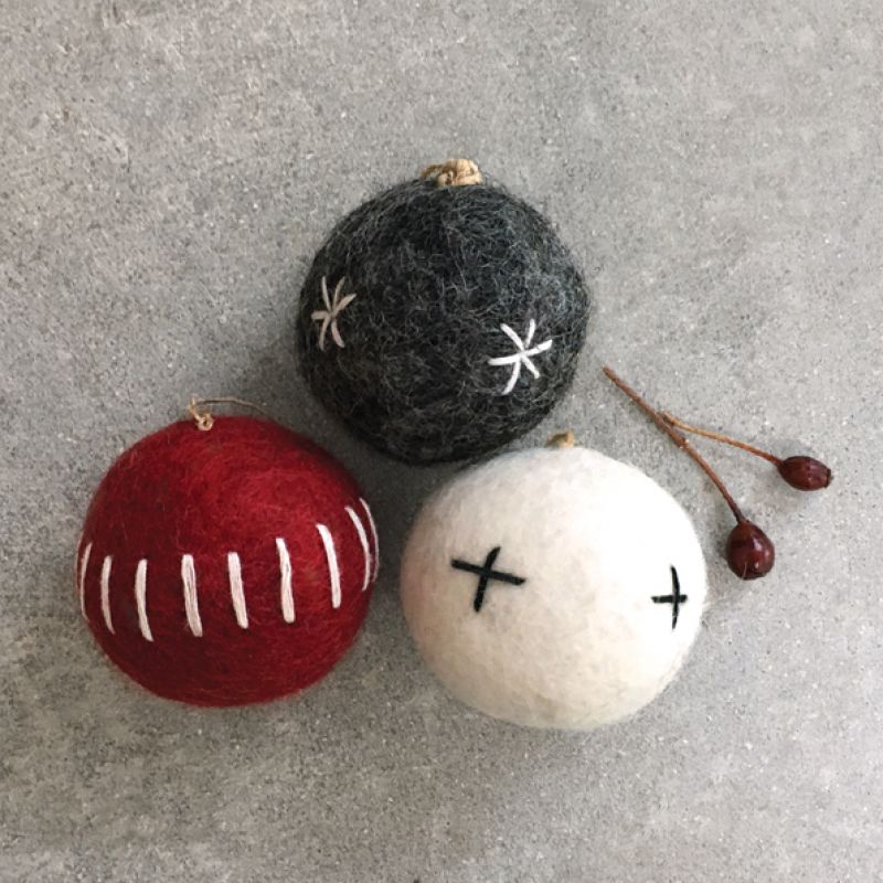 Felt embroidered bauble-White
