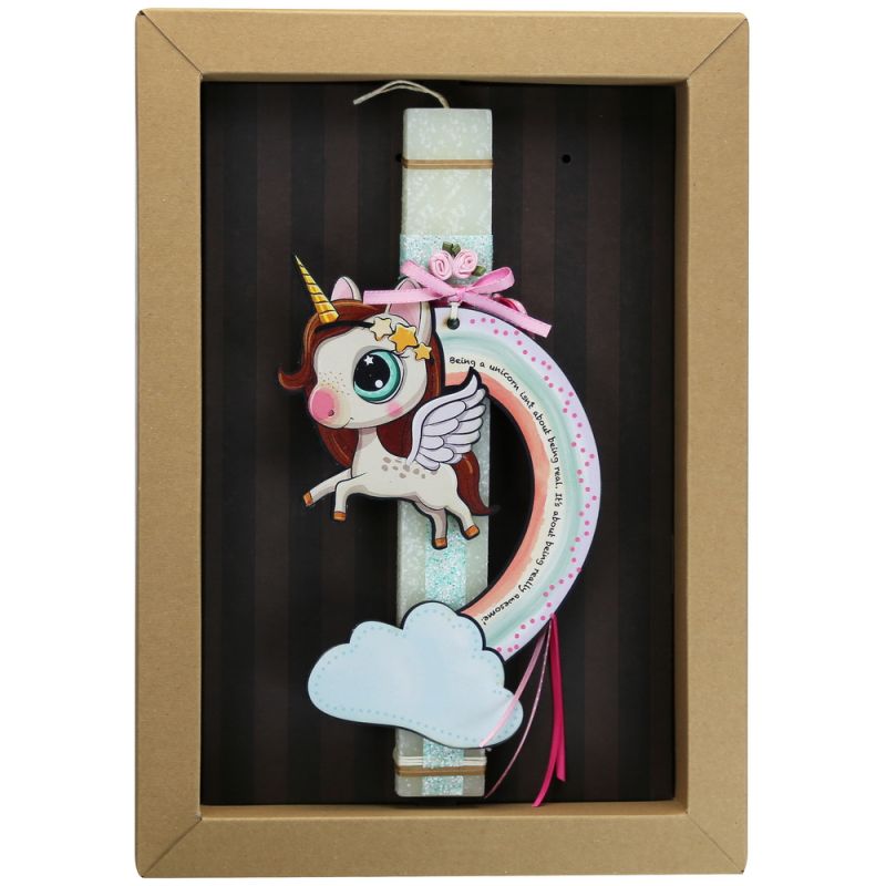 Easter Candle Unicorn with flowers and rainbow