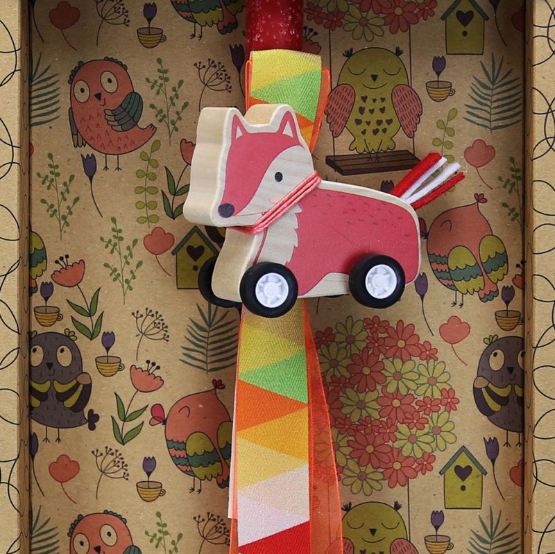 Easter candle with Wooden Animal with Wheels - Fox