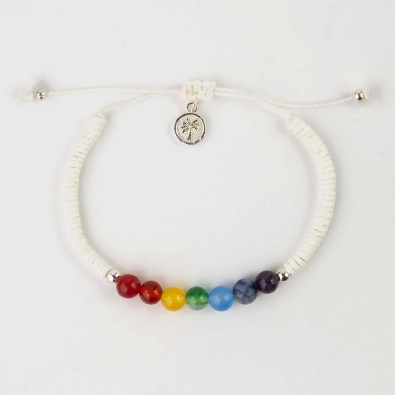 Puka shell bracelet centred with chakra stone beads