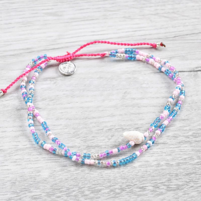 Βραχιόλι ποδιού όστρακα διπλό -σιέλ ροζ