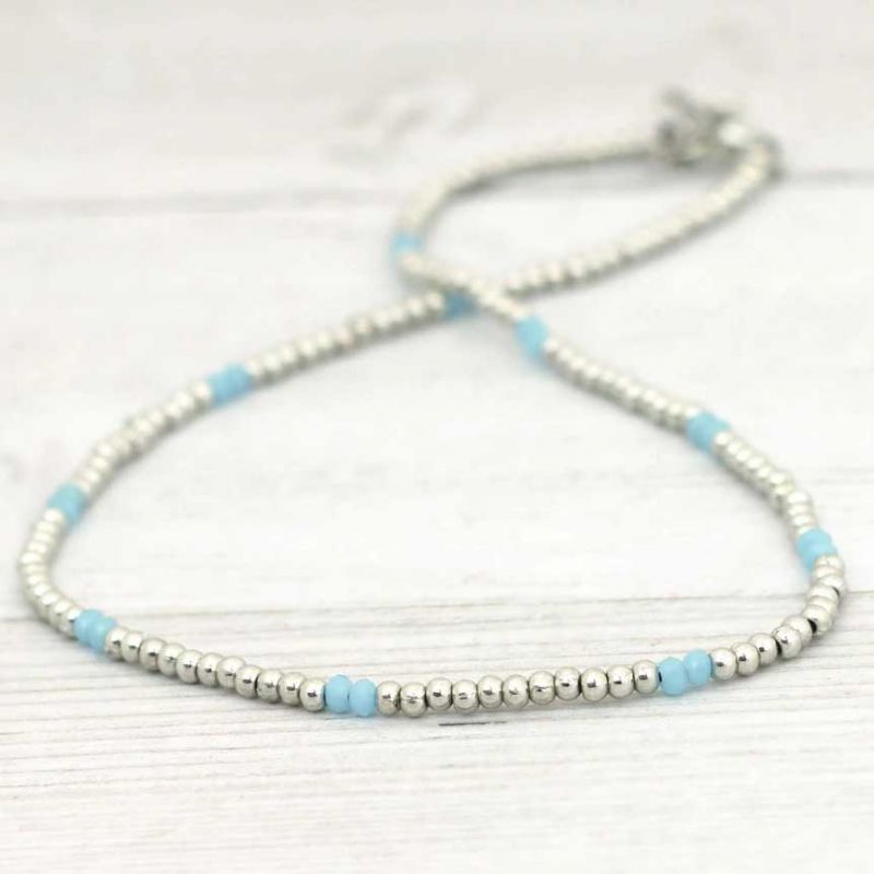 Κολιέ μεταλλικές χάντρες - σιέλ