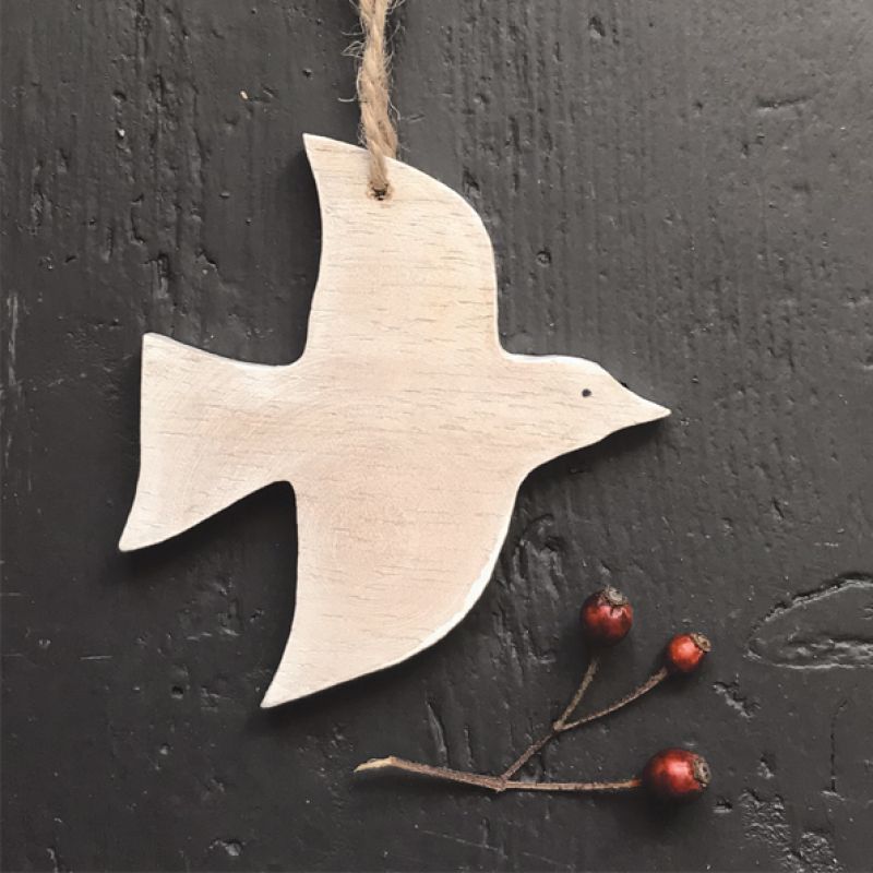 Hanging white wooden dove  9 cm