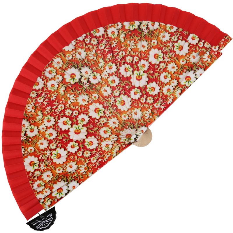 White flowers wooden Handfan 23cm