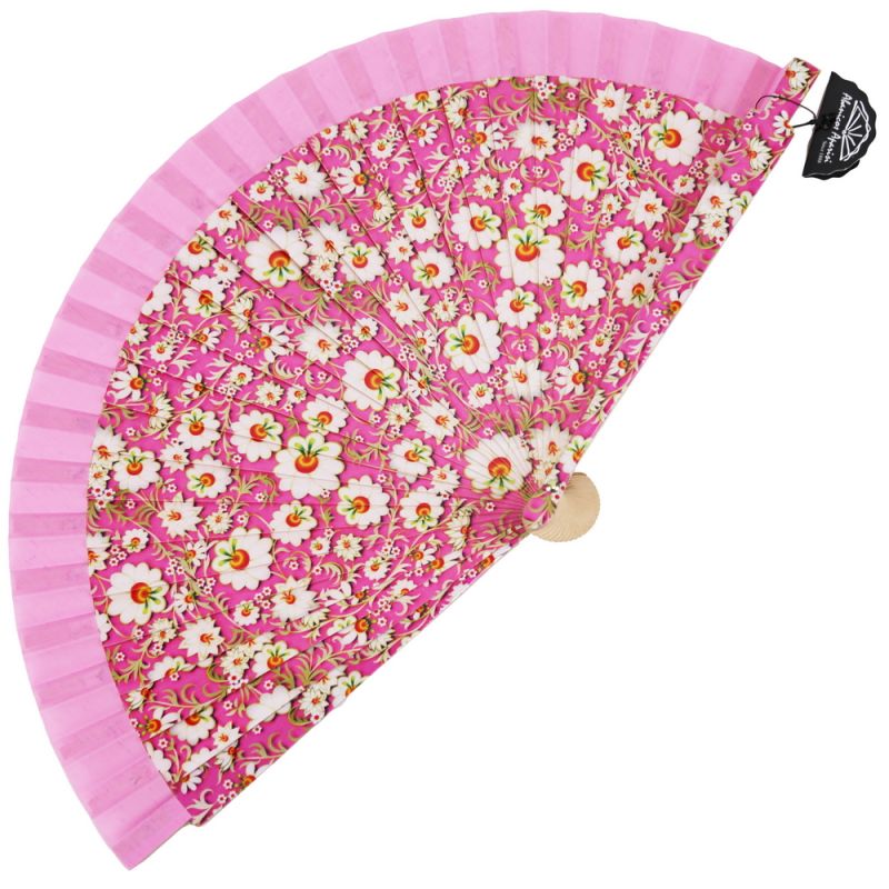 White flowers wooden Handfan 23cm