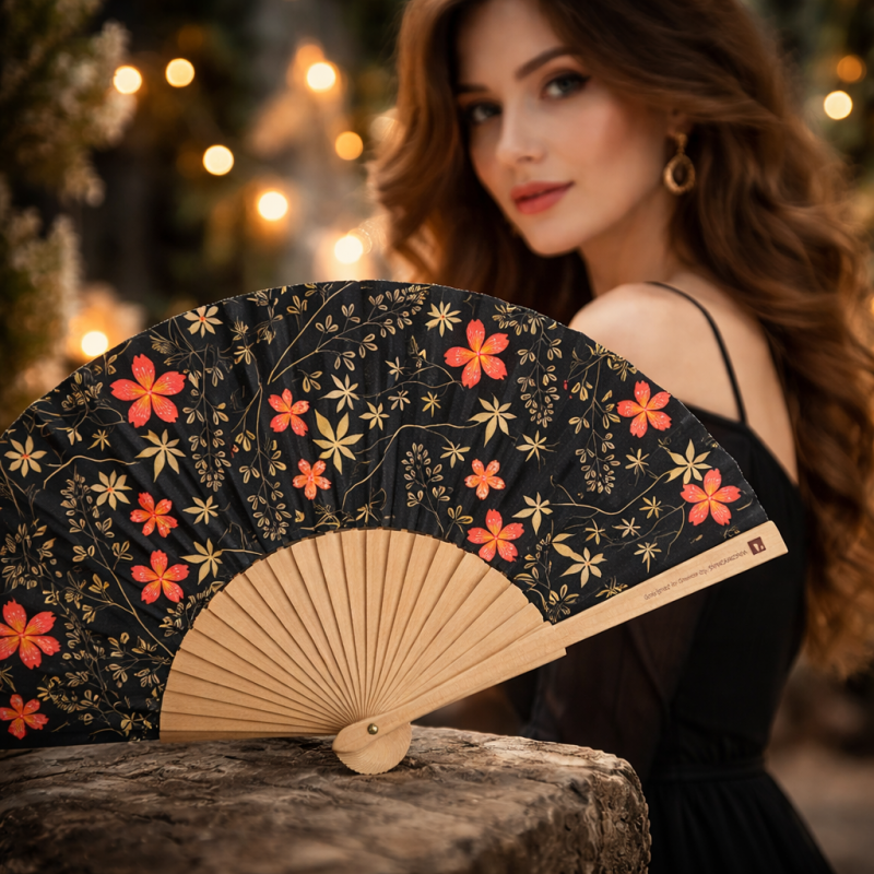 Βεντάλια ξύλινη 23εκ.- Black floral