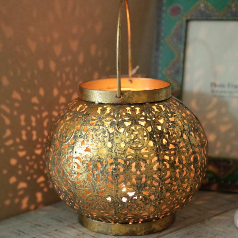 Metal cutwork lantern grey/gold finish 18cm