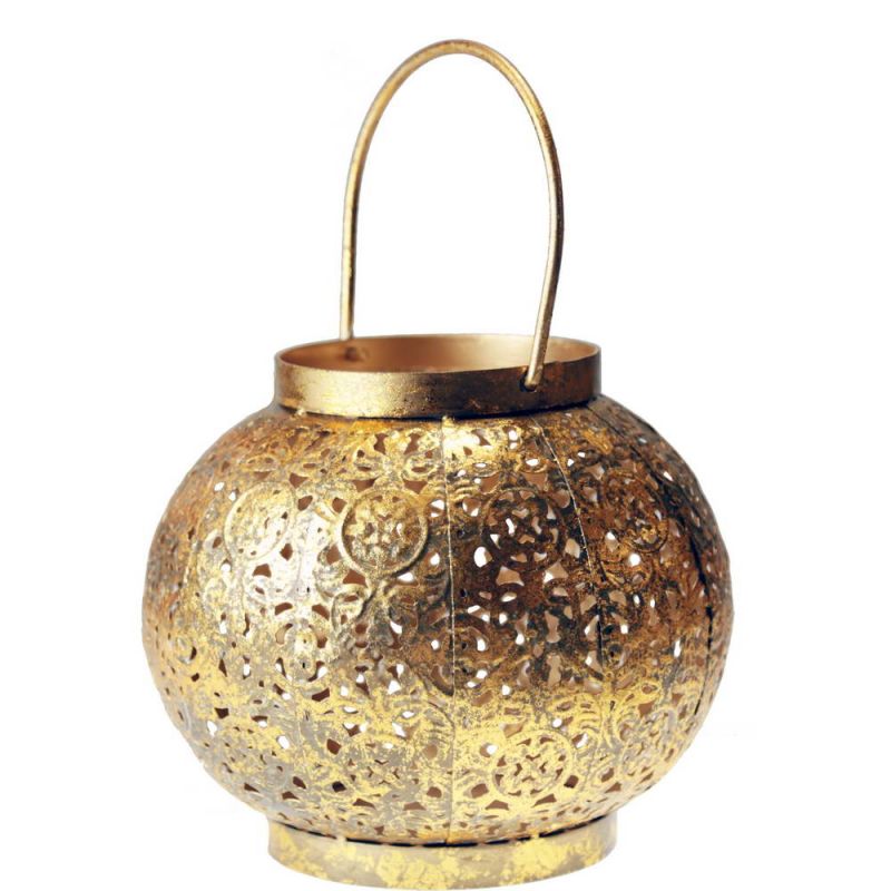 Metal cutwork lantern grey/gold finish 18cm