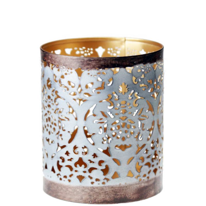 Metal cutwork votive, grey/gold finish 12cm