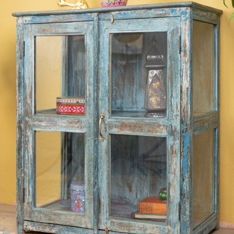 Vintage blue, 2 door display cabinet with central shelf