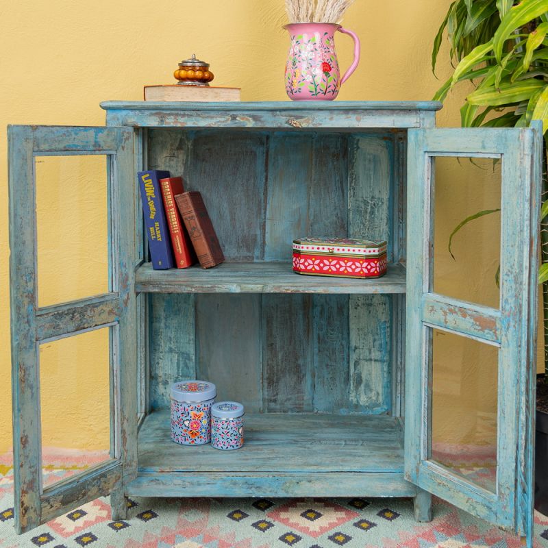 Distressed vintage turquoise wood & glass 2 door, central shelf cabinet