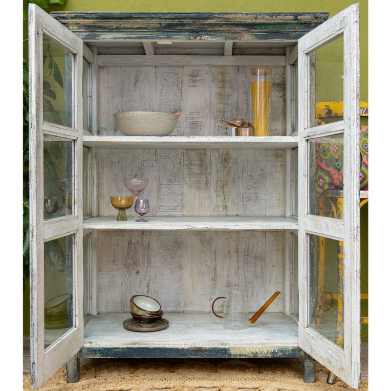 Distressed vintage teal wood & glass 2 door, 2 shelf cabinet