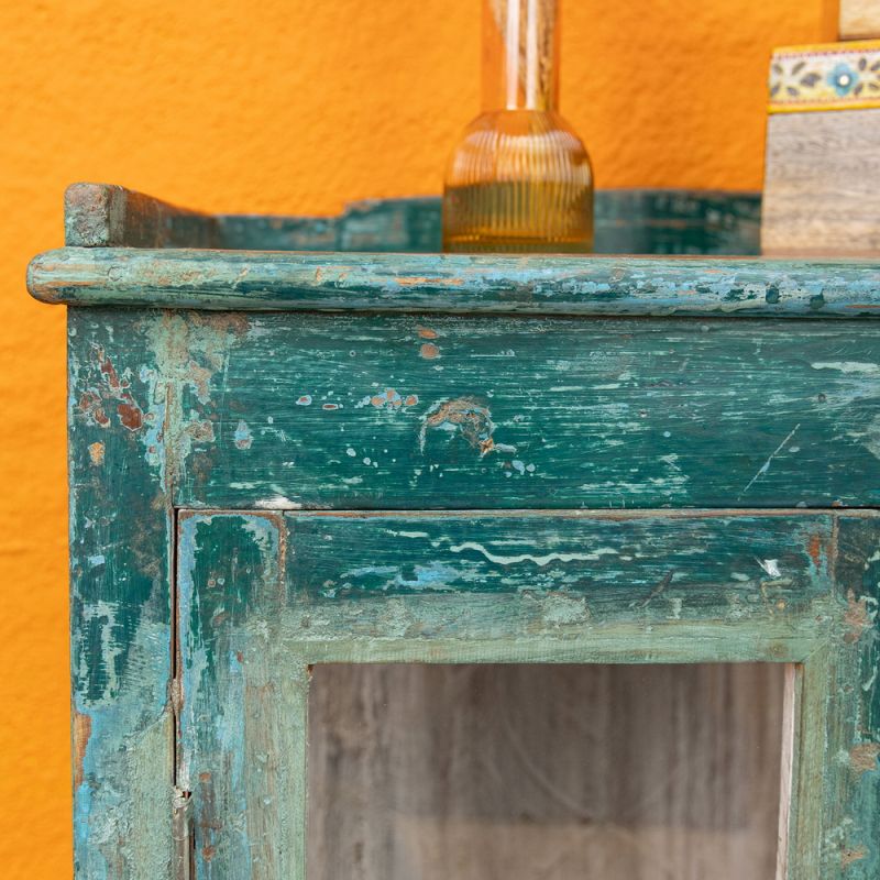 Vintage dark green wood & glass 2 door cabinet
