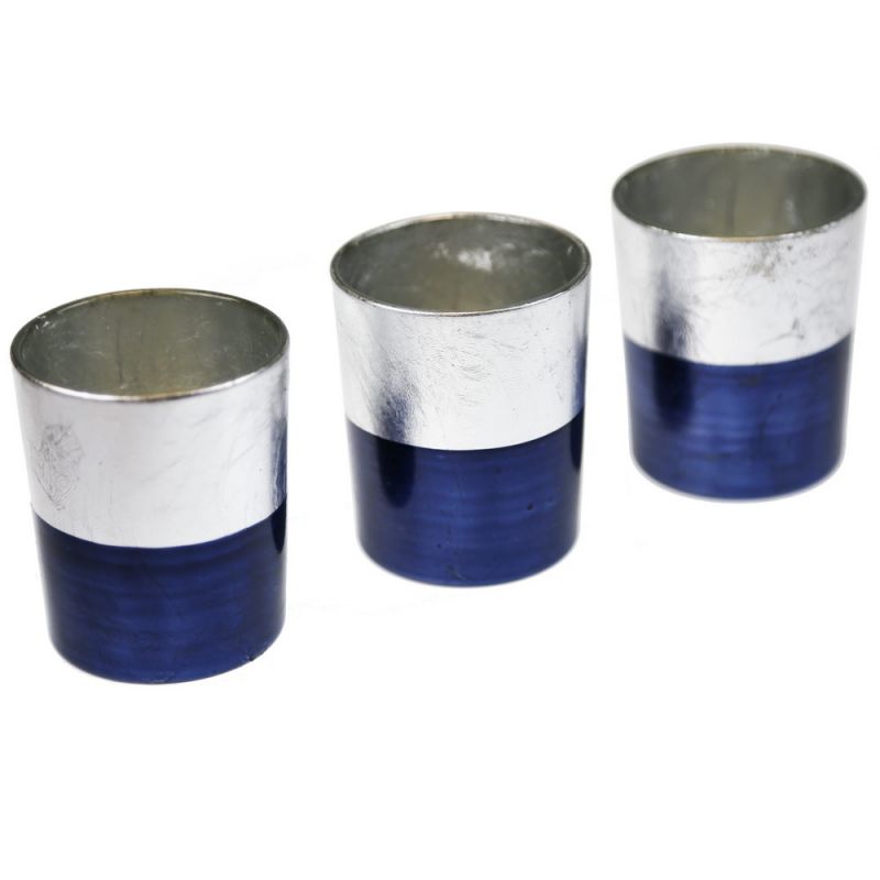 S/3 votive holders blu silver leaf