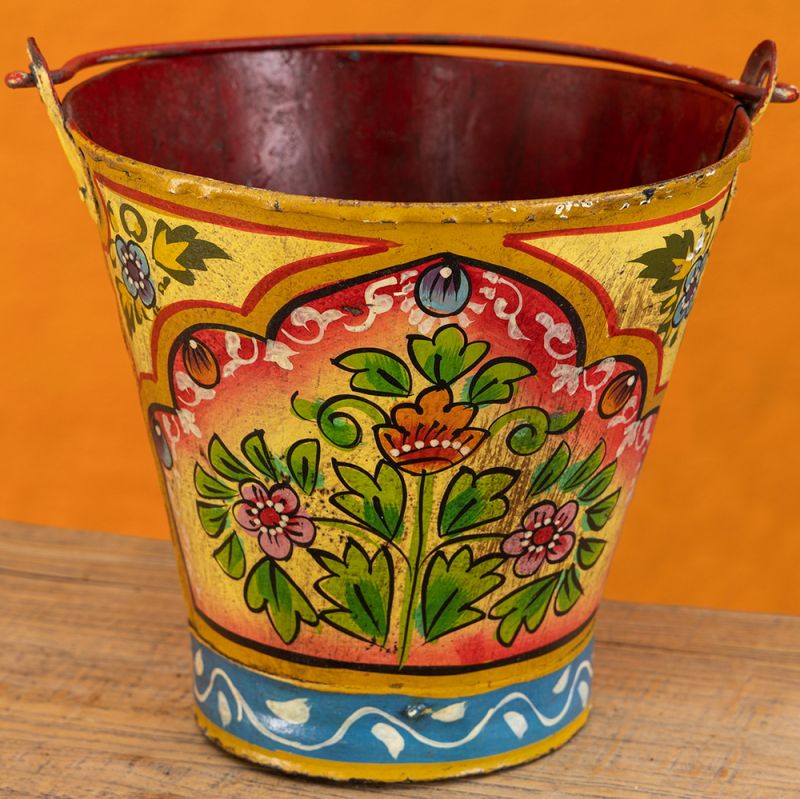Vintage iron handpainted bucket, yellow, 25x25x24cm