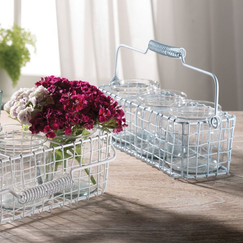 Painted metal basket with 3 glass jars blue, 9.5x31cm