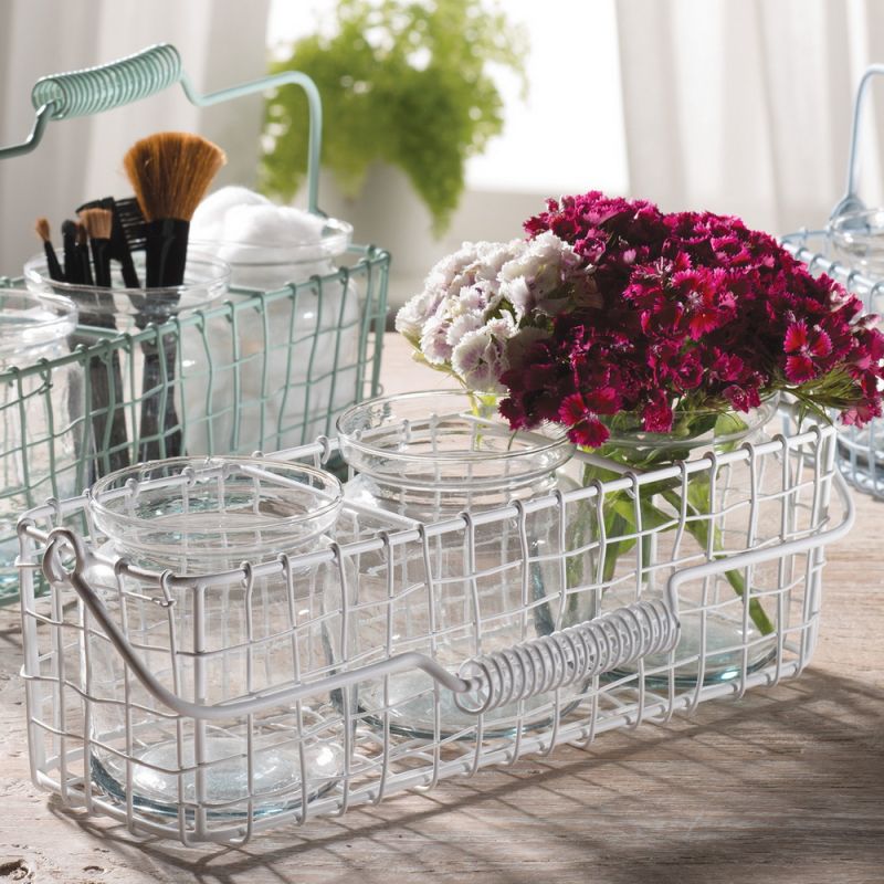 Painted metal basket with 3 glass jars green, 9.5x31cm