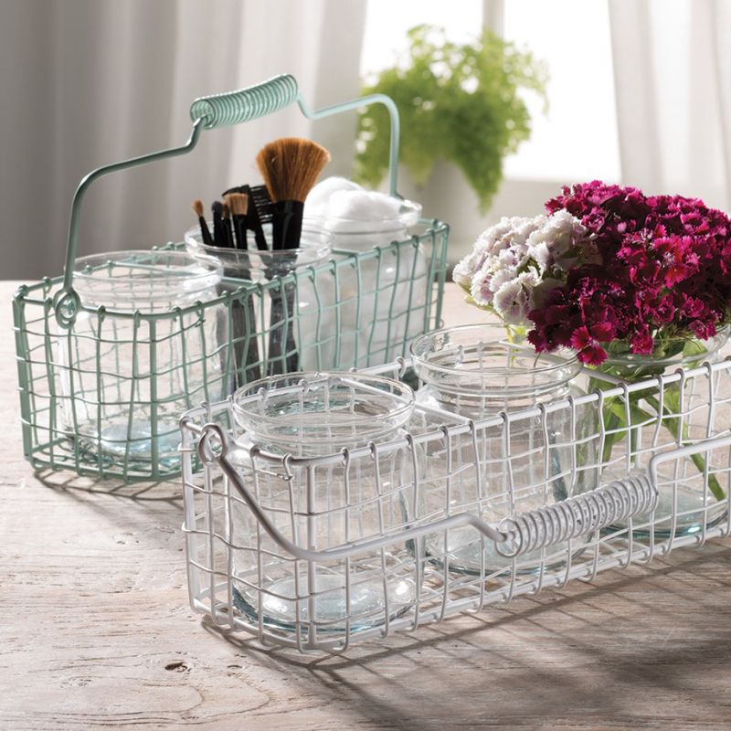 Painted metal basket with 3 glass jars green, 9.5x31cm
