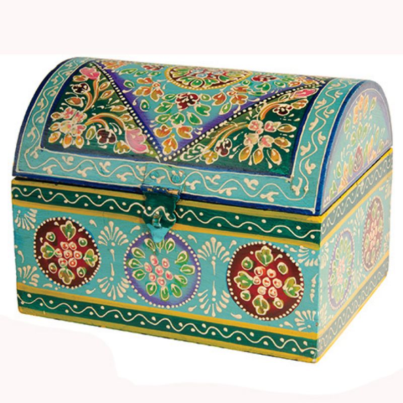 Hand painted domed wooden box, turquoise, 15cm